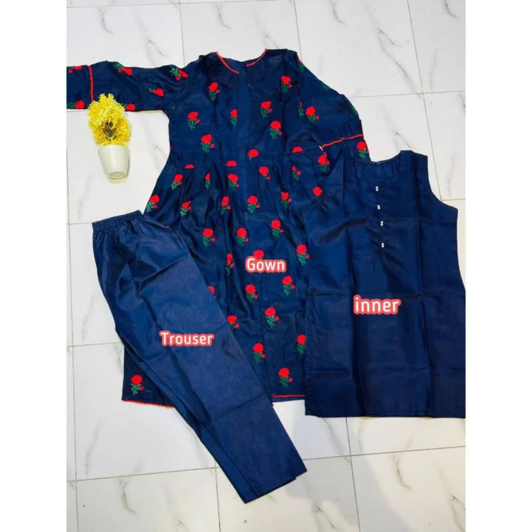Embroidered Flower Gown 3Pc Dress for Women