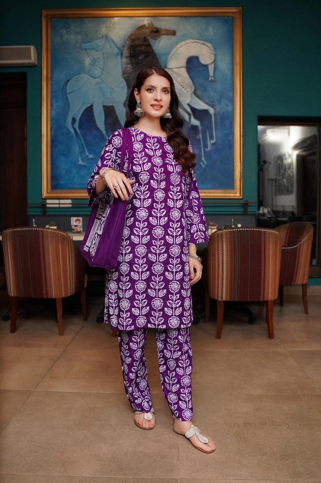 ARCANE THREADS-WITH PRINTED DRESS WITH BAG