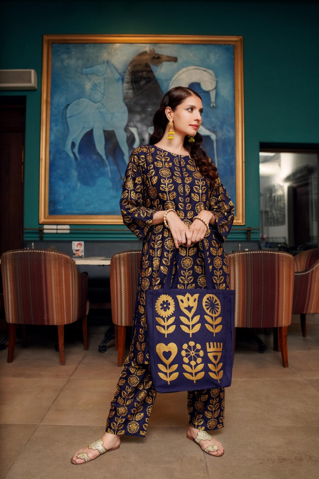 ARCANE THREADS-WITH PRINTED DRESS WITH BAG