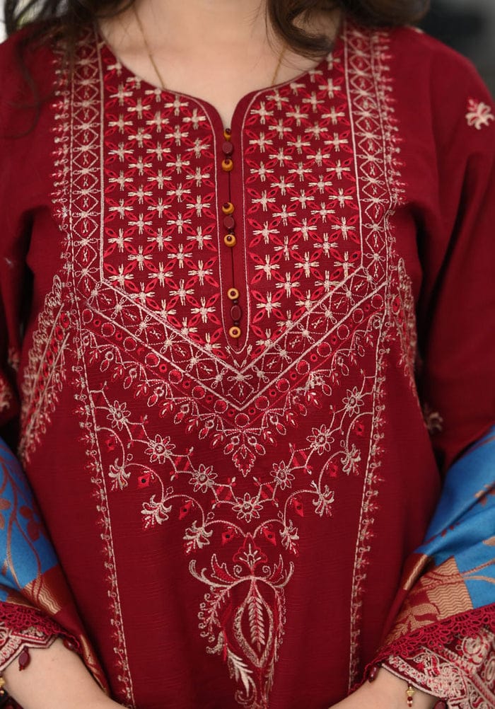 Elegant Maroon Embroidered 3-Piece Suit