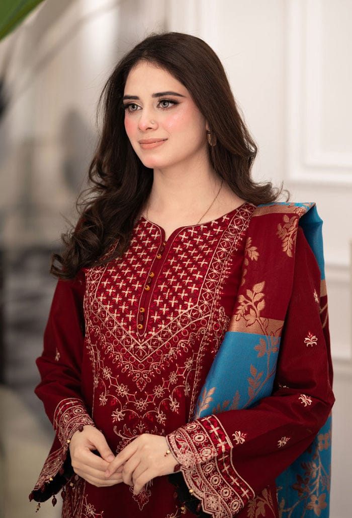 Elegant Maroon Embroidered 3-Piece Suit