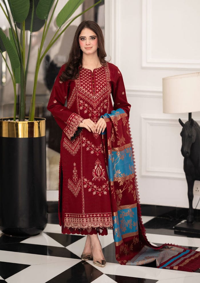 Elegant Maroon Embroidered 3-Piece Suit