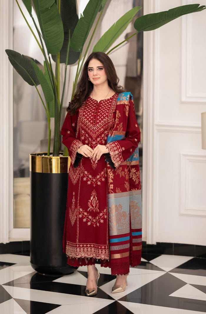Elegant Maroon Embroidered 3-Piece Suit