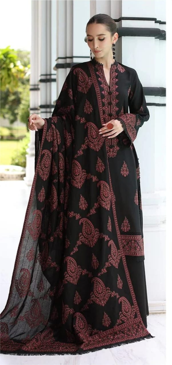 WINTER 3PC Dhannak Embroidered Suit With Embroidery Shawll