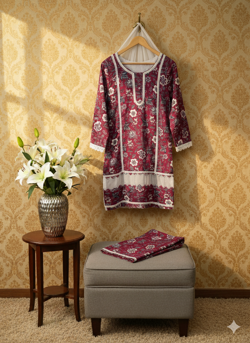 Floral Print with Lace Detailing  2-Piece Suit – Winter Collection