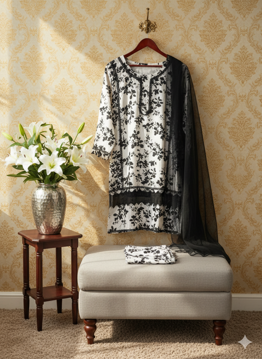 Floral Print with Lace Detailing  2-Piece Suit – Winter Collection