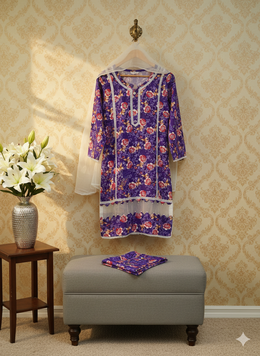 Floral Print with Lace Detailing  2-Piece Suit – Winter Collection