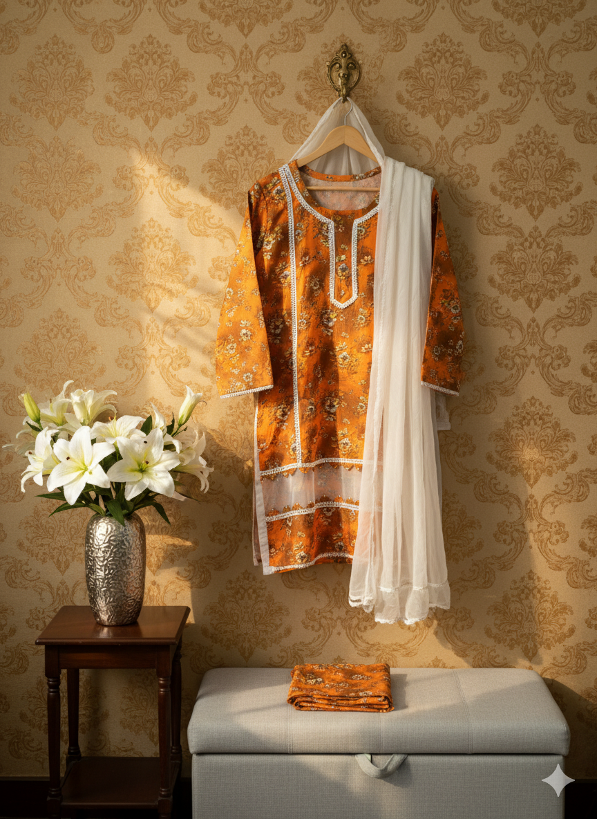 Floral Print with Lace Detailing  2-Piece Suit – Winter Collection